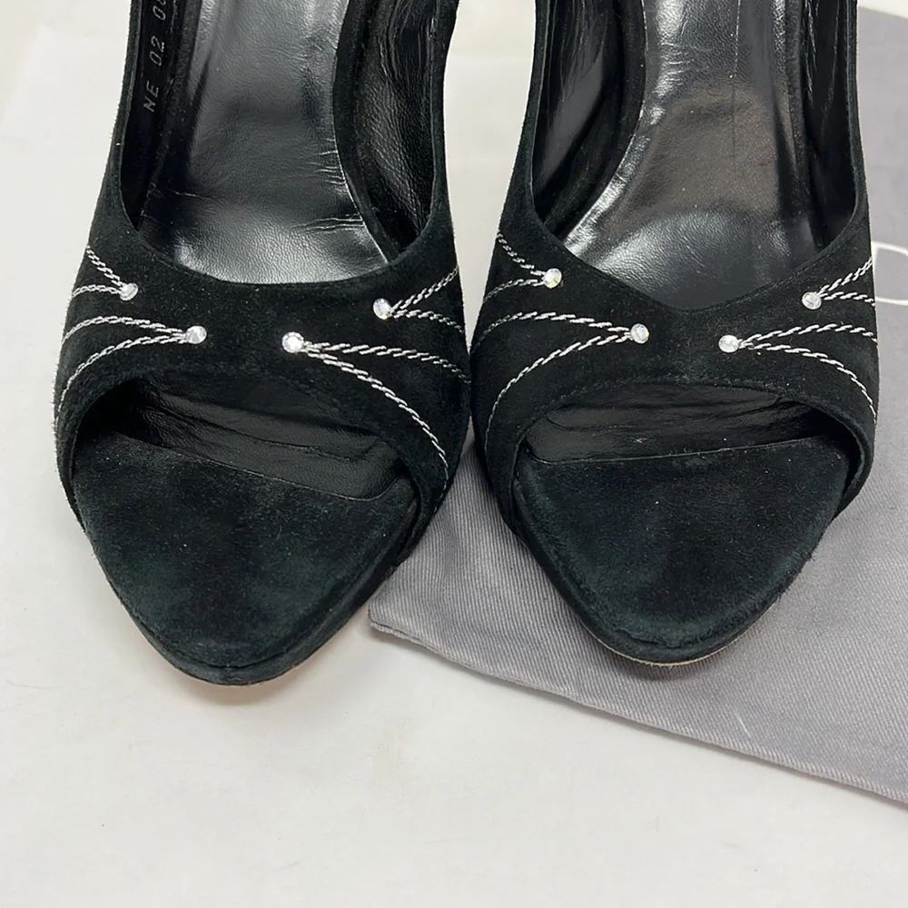 Dior Sz 39.5 Suede Embroidered Folles Peep Toe Pumps Heels